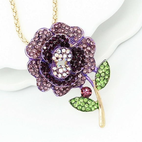 Purple Rhinestone Flower Necklace/Pin - Picture 3 of 4